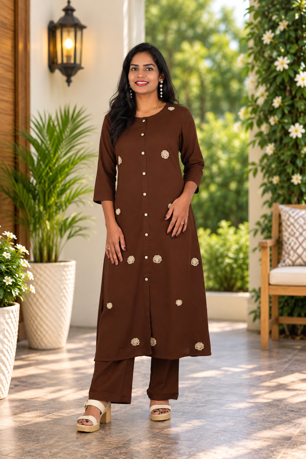 Chocolate Brown Jaipur Cotton Embroidered Cord Set