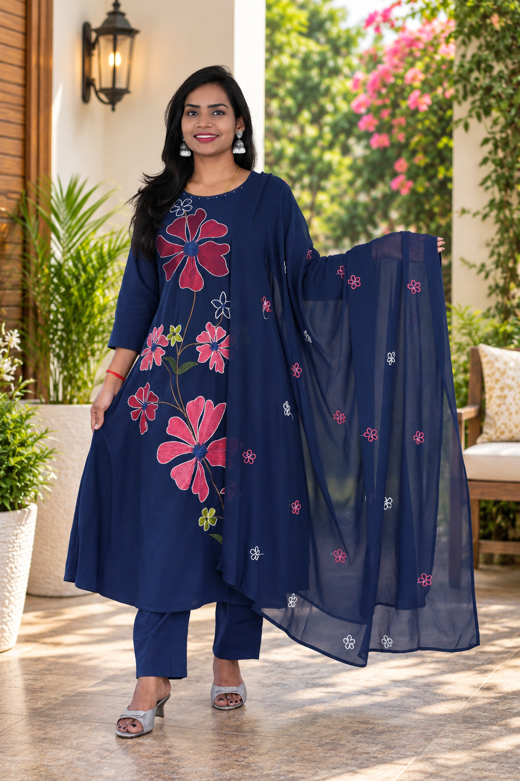 Navy Blue Mul Cotton Floral Embroidered 3-Piece Kurta Set