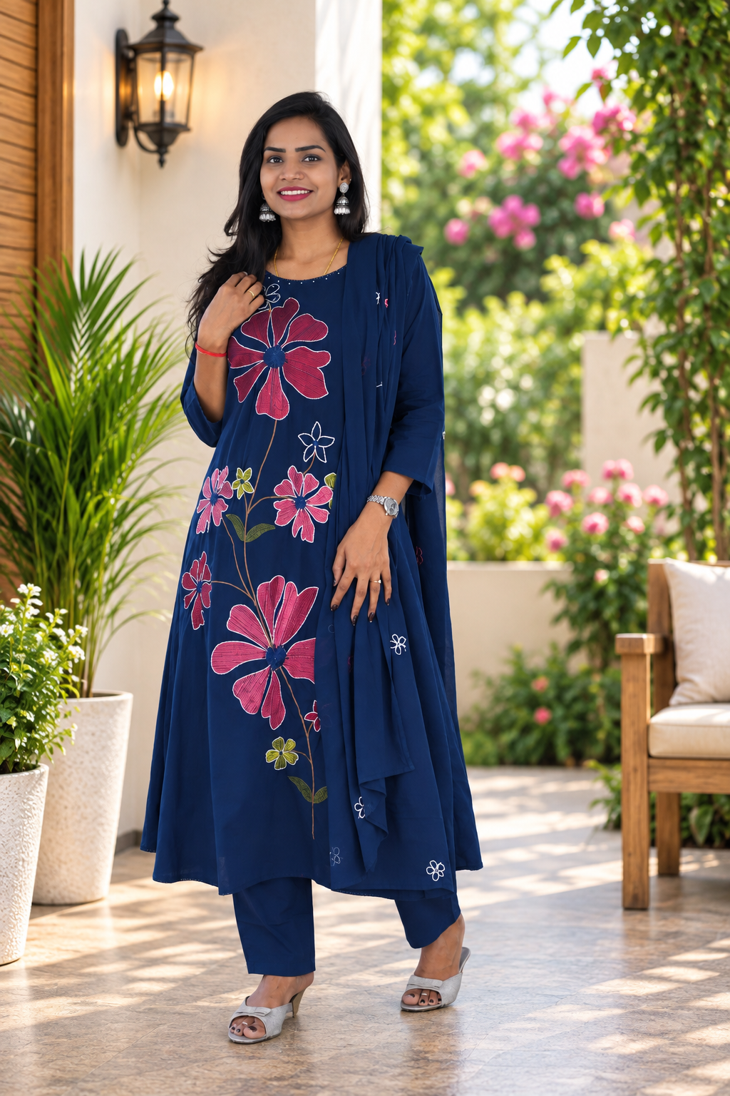 Navy Blue Mul Cotton Floral Embroidered 3-Piece Kurta Set