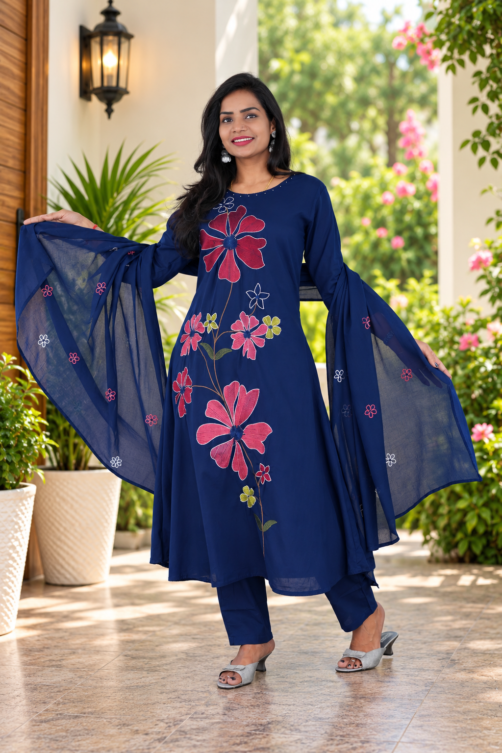 Navy Blue Mul Cotton Floral Embroidered 3-Piece Kurta Set