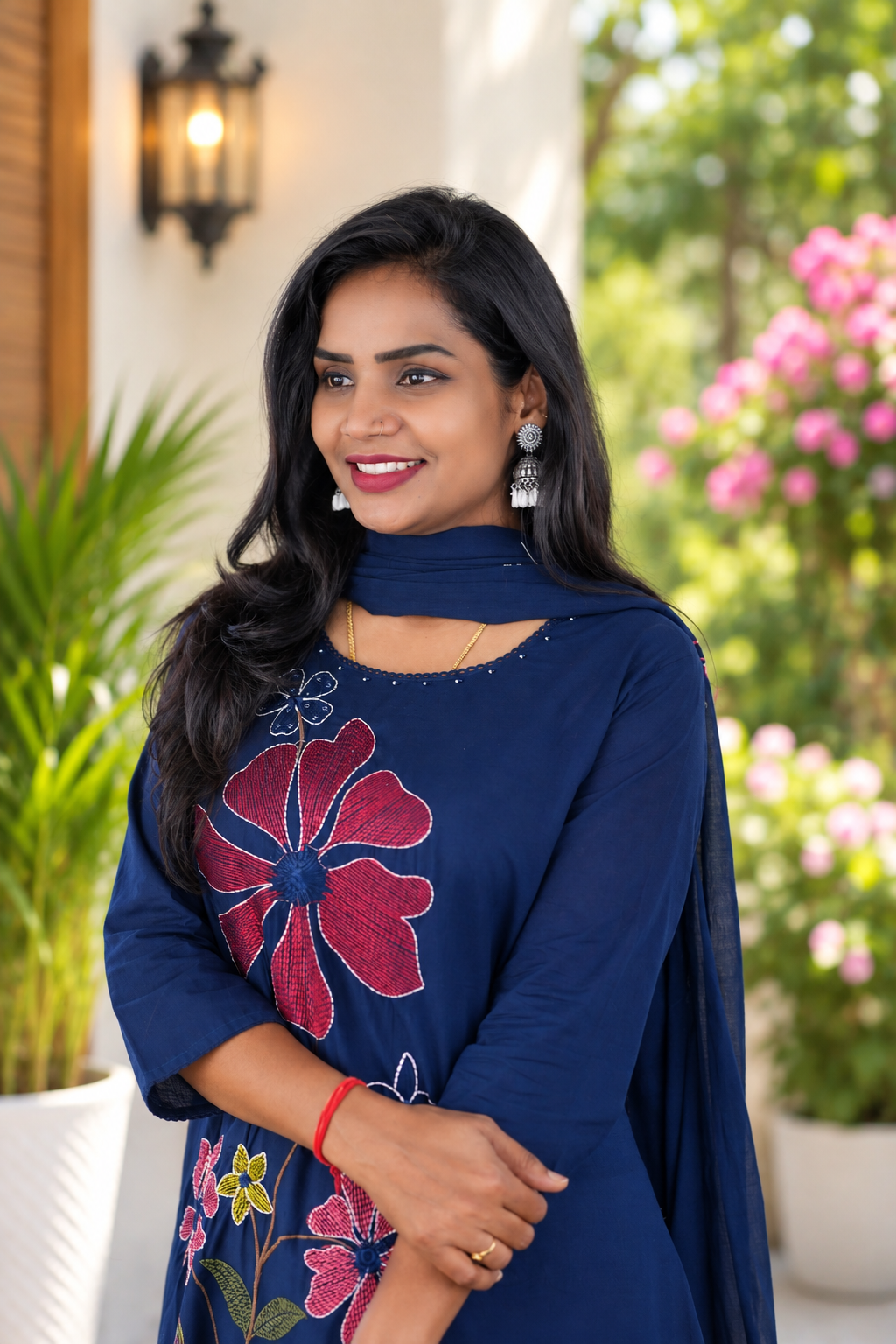 Navy Blue Mul Cotton Floral Embroidered 3-Piece Kurta Set