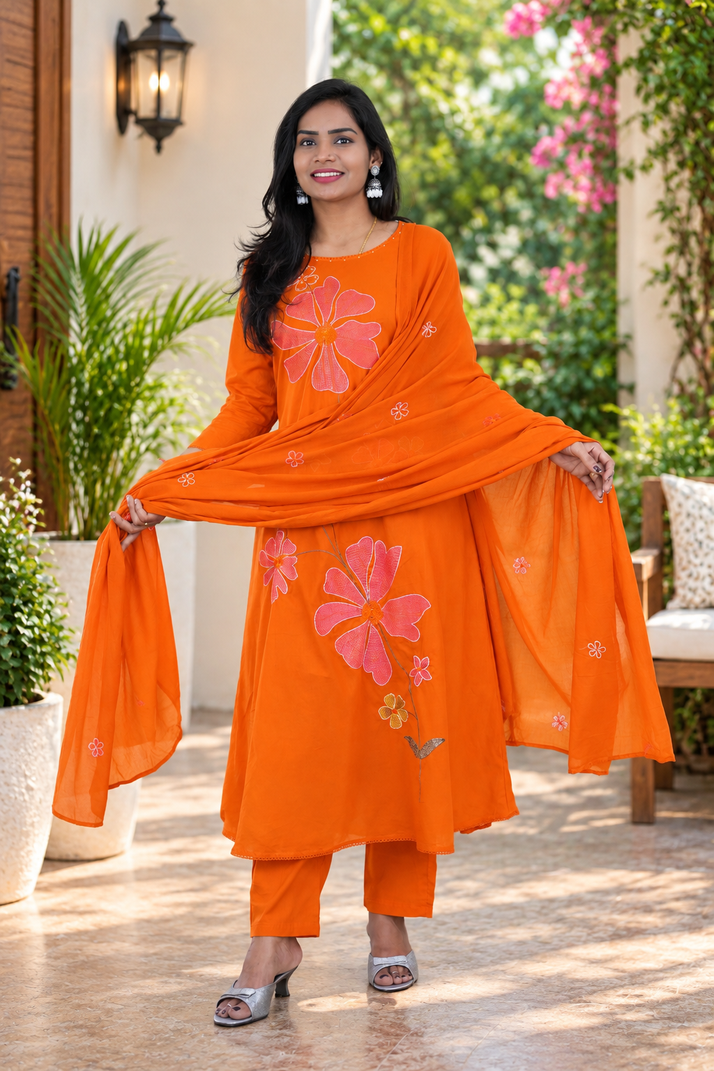 Vibrant Orange Mul Cotton Floral Embroidered 3-Piece Kurta Set