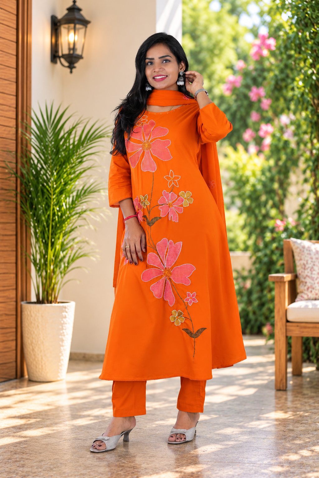 Vibrant Orange Mul Cotton Floral Embroidered 3-Piece Kurta Set