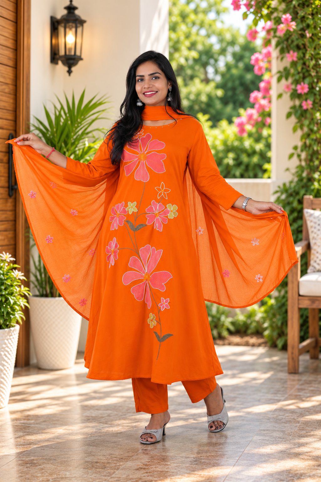 Vibrant Orange Mul Cotton Floral Embroidered 3-Piece Kurta Set