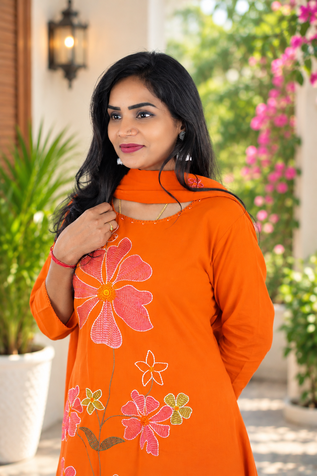 Vibrant Orange Mul Cotton Floral Embroidered 3-Piece Kurta Set