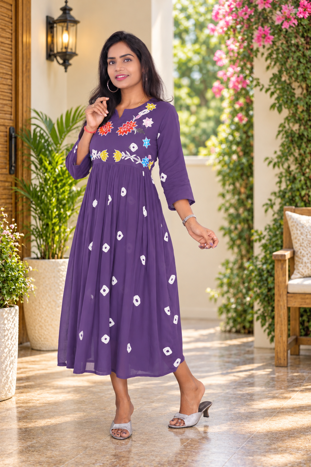 Purple Mul Cotton Embroidered Midi Frock with Full Lining