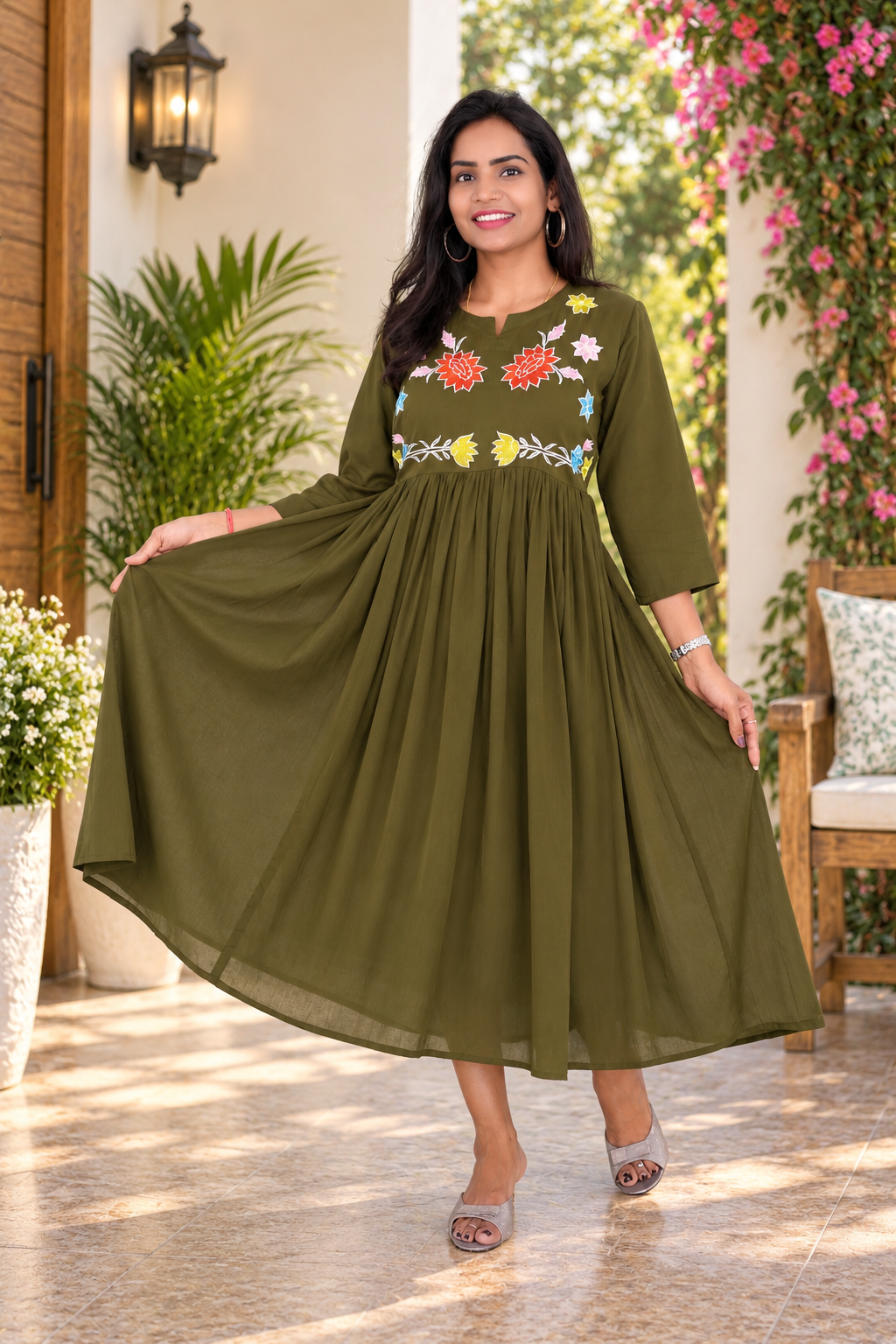 Olive Green Mul Cotton Embroidered Midi Frock with Full Lining