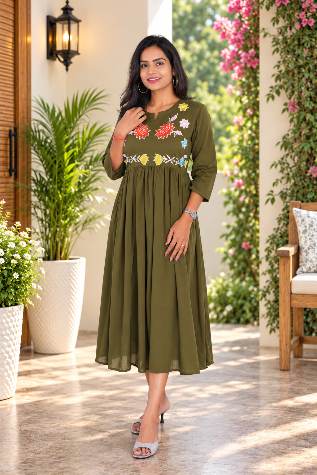 Olive Green Mul Cotton Embroidered Midi Frock with Full Lining