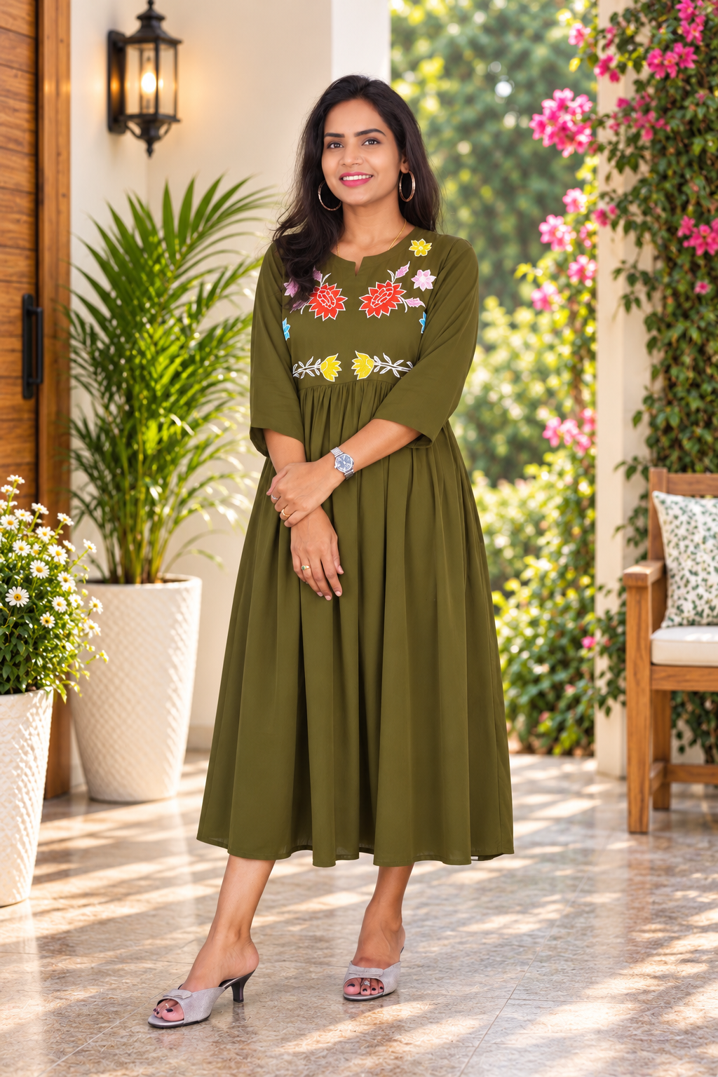 Olive Green Mul Cotton Embroidered Midi Frock with Full Lining
