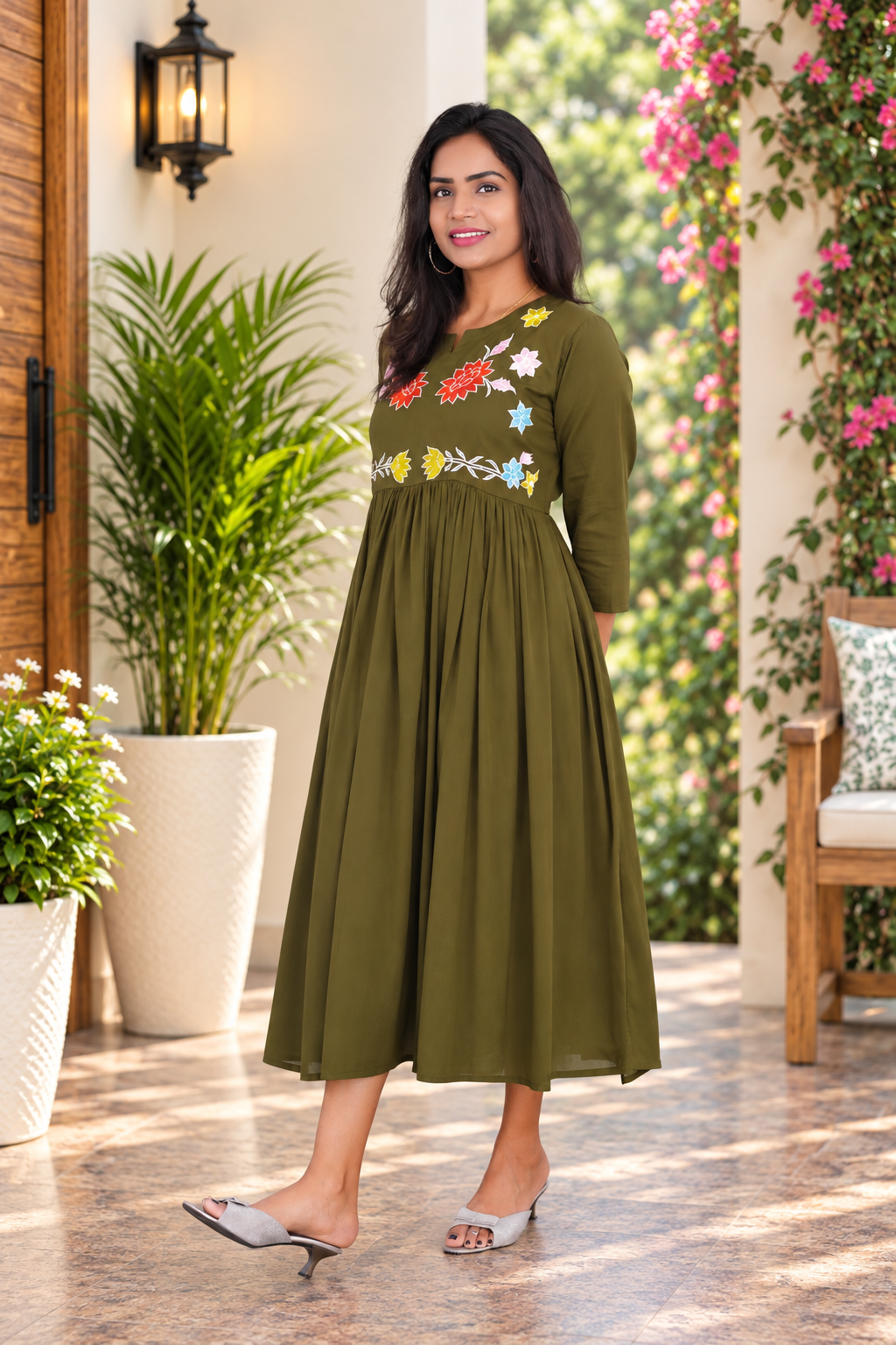 Olive Green Mul Cotton Embroidered Midi Frock with Full Lining