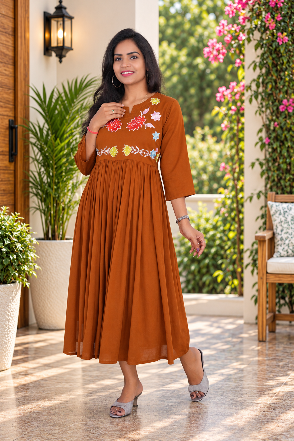 Brown Mul Cotton Embroidered Midi Frock with Full Lining