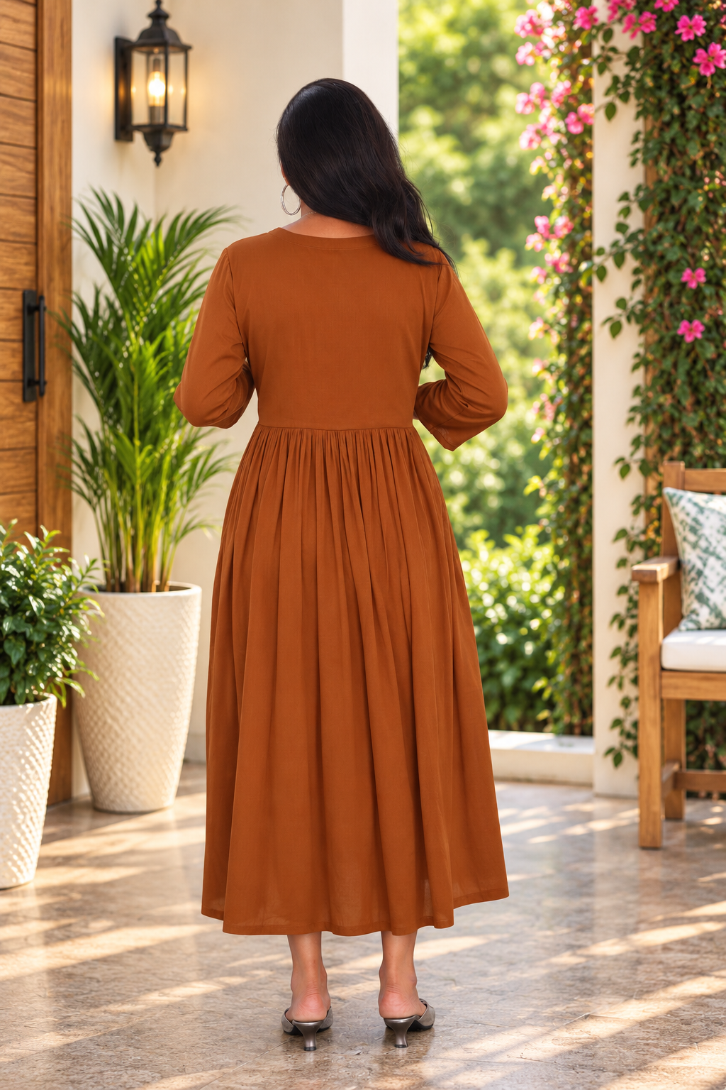 Brown Mul Cotton Embroidered Midi Frock with Full Lining