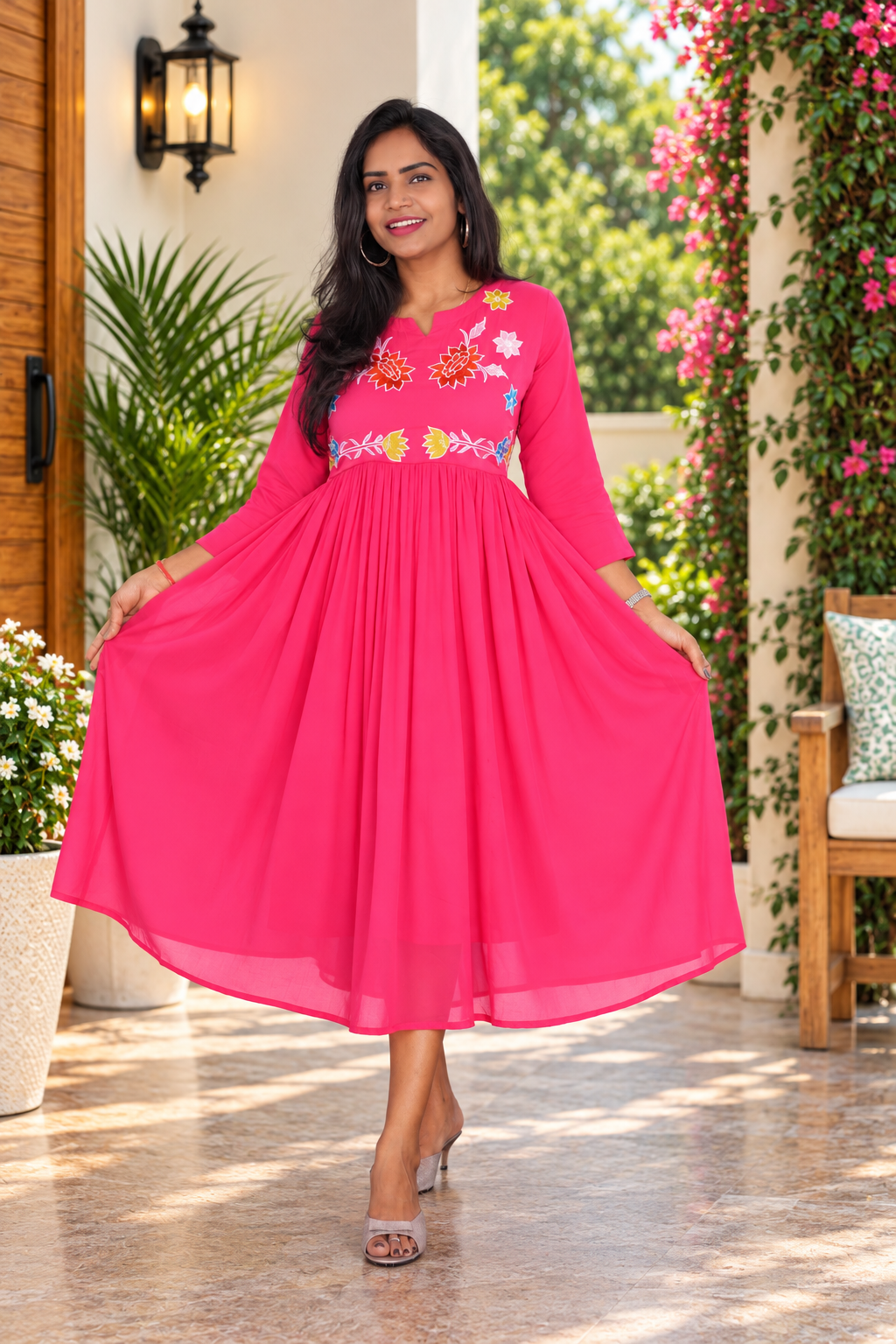 Pink Mul Cotton Embroidered Midi Frock with Full Lining