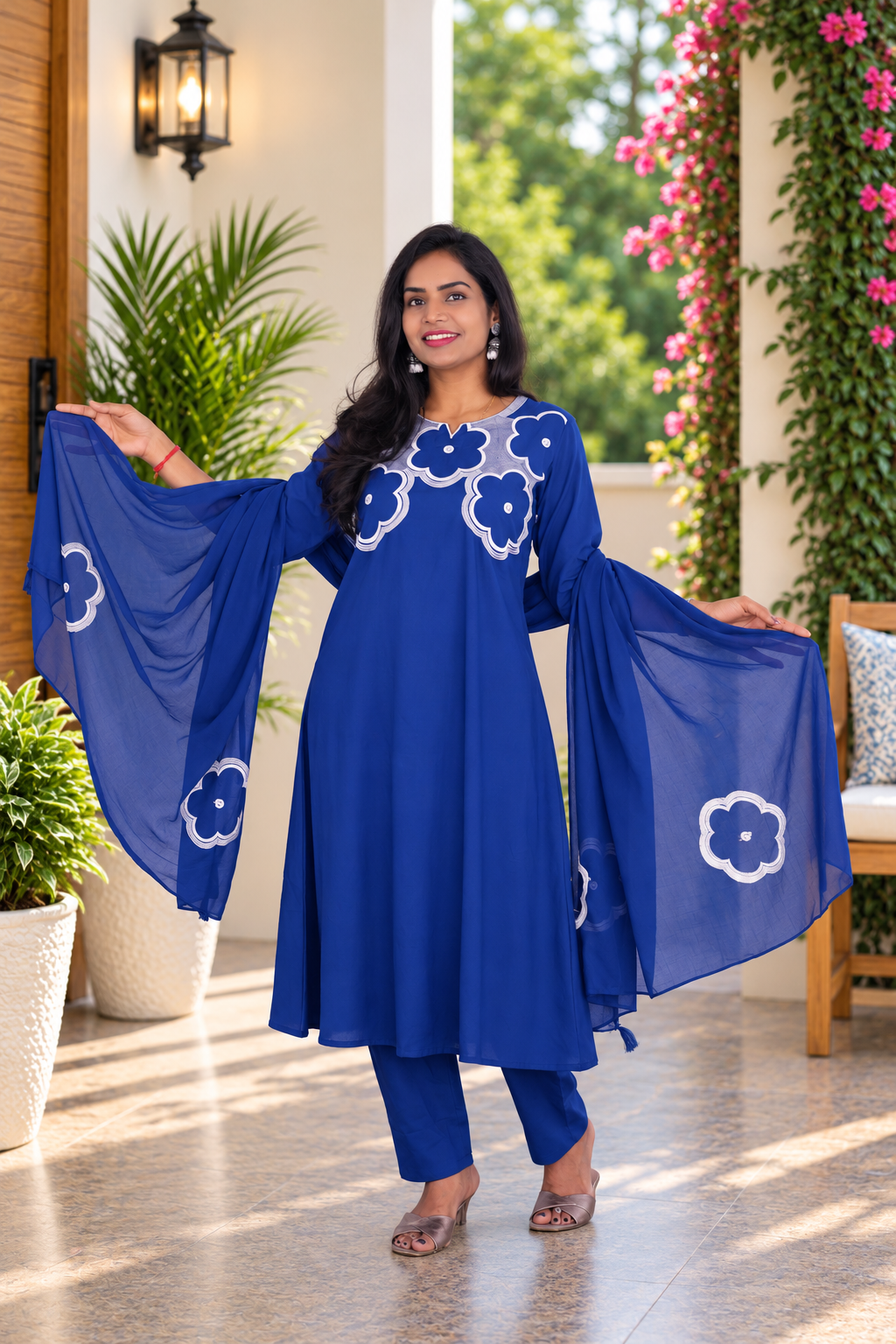 Royal Blue Jaipur Cotton Designer Embroidered 3 Piece Set With Lining