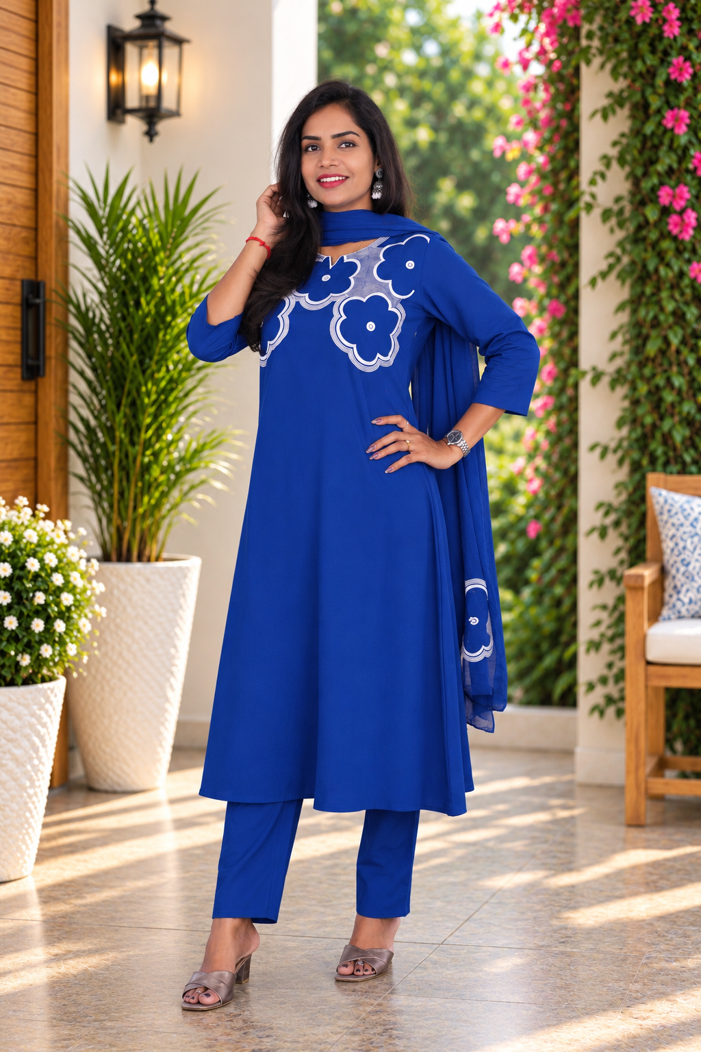 Royal Blue Jaipur Cotton Designer Embroidered 3 Piece Set With Lining