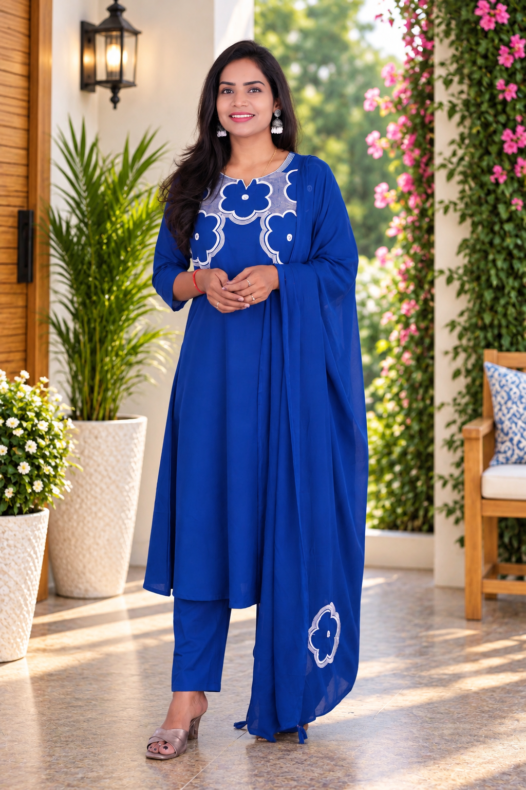 Royal Blue Jaipur Cotton Designer Embroidered 3 Piece Set With Lining