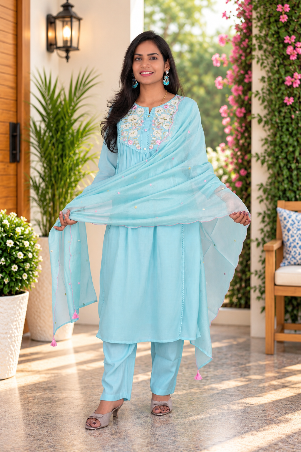 light Aqua Blue Viscose Fabric 3 Piece Set With Kota Duppata and Complete Lining