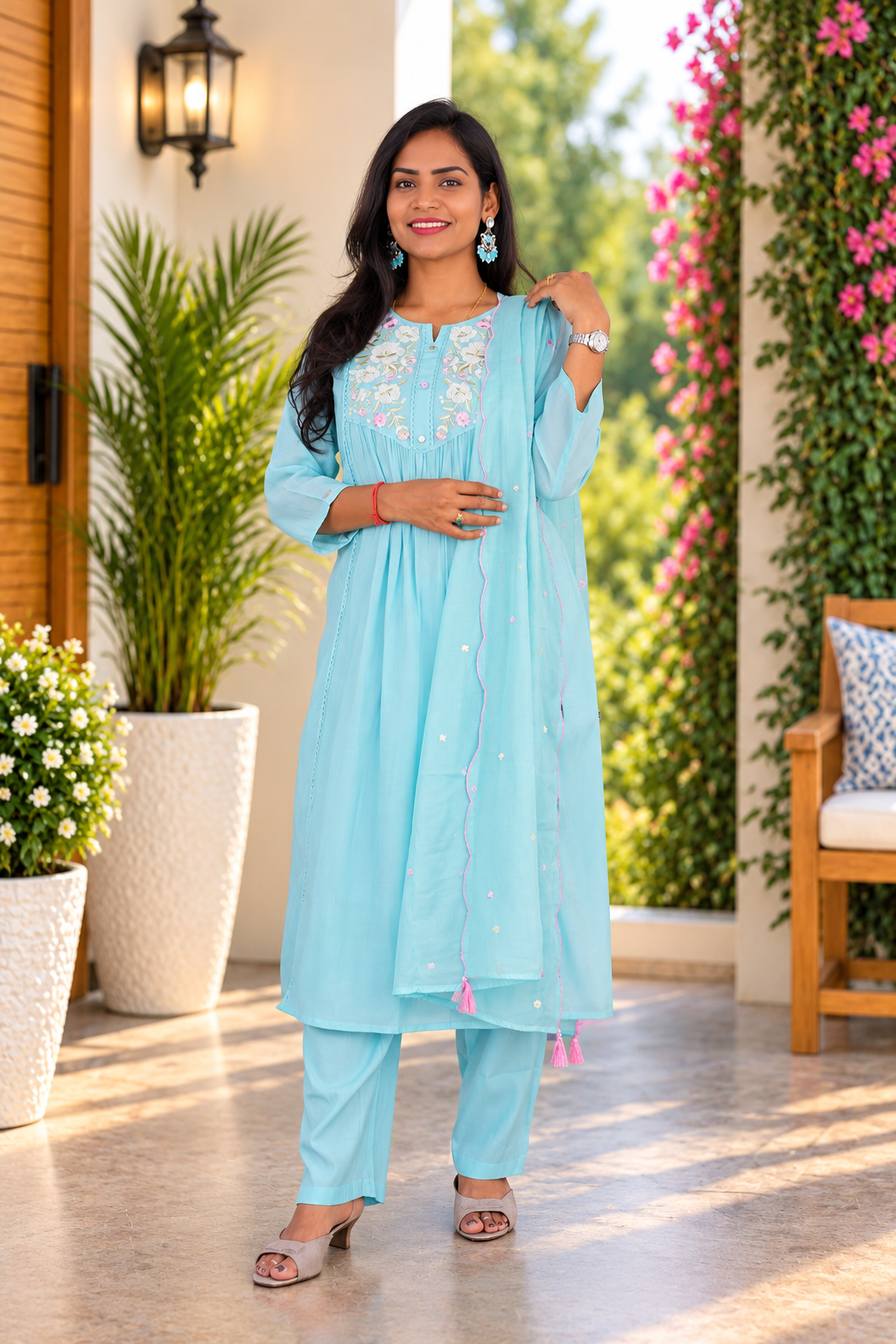 light Aqua Blue Viscose Fabric 3 Piece Set With Kota Duppata and Complete Lining