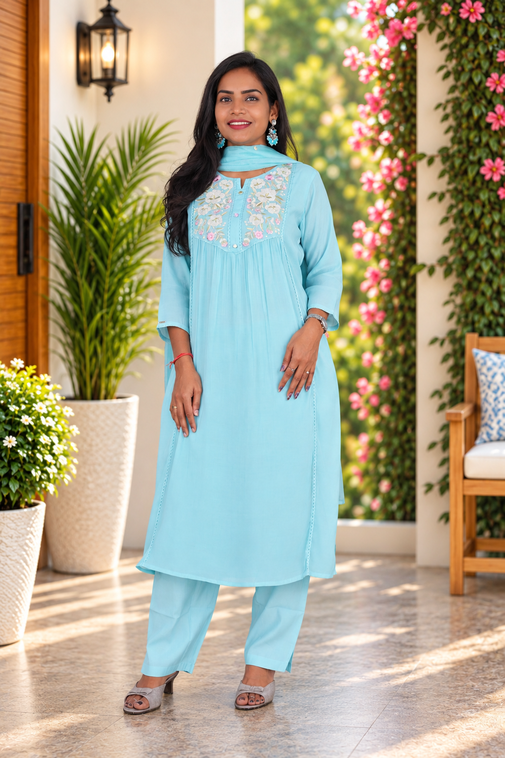 light Aqua Blue Viscose Fabric 3 Piece Set With Kota Duppata and Complete Lining