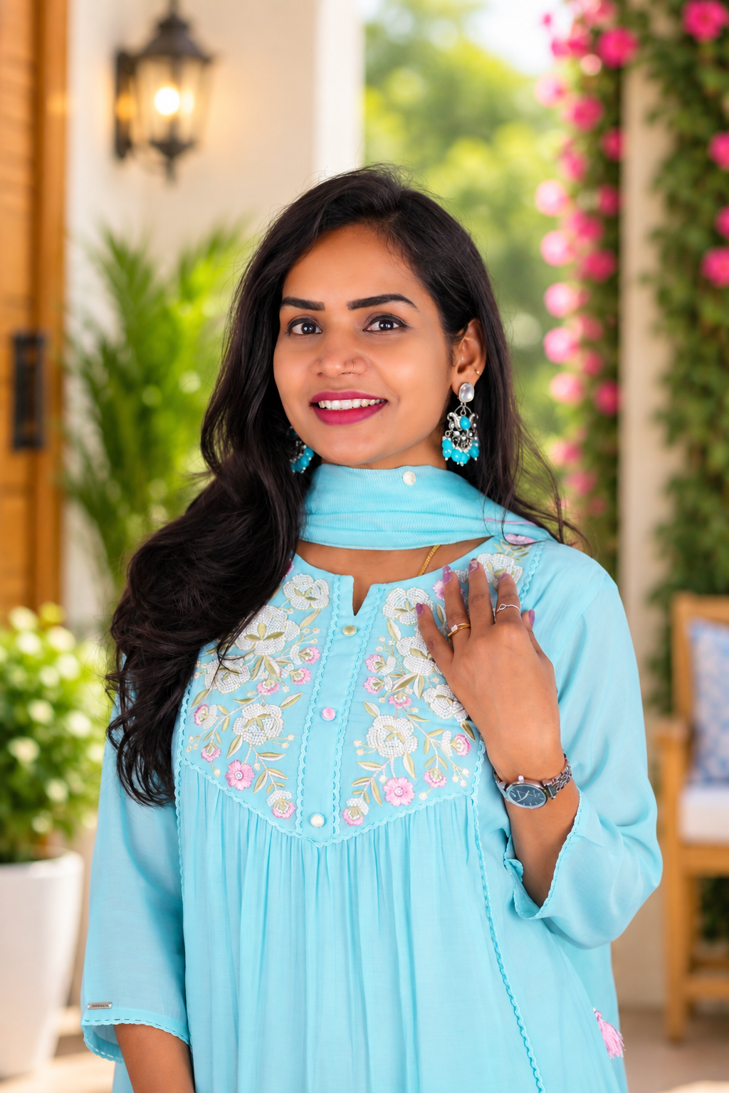 light Aqua Blue Viscose Fabric 3 Piece Set With Kota Duppata and Complete Lining
