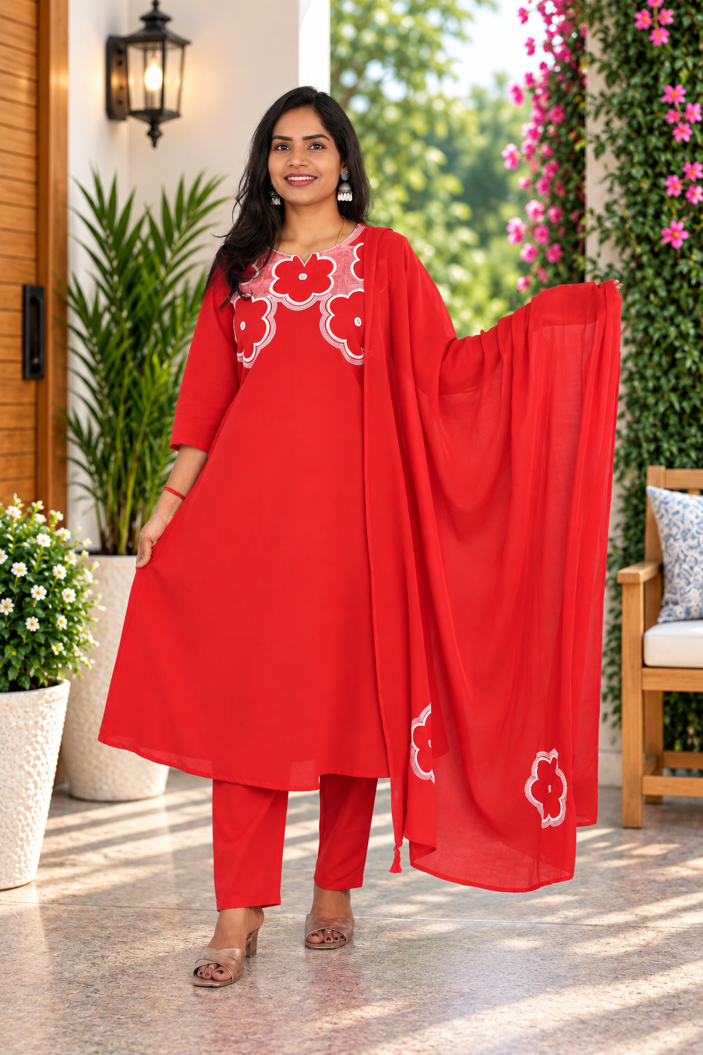 Bright Red Jaipur Cotton Designer Embroidered 3 Piece Set With Lining