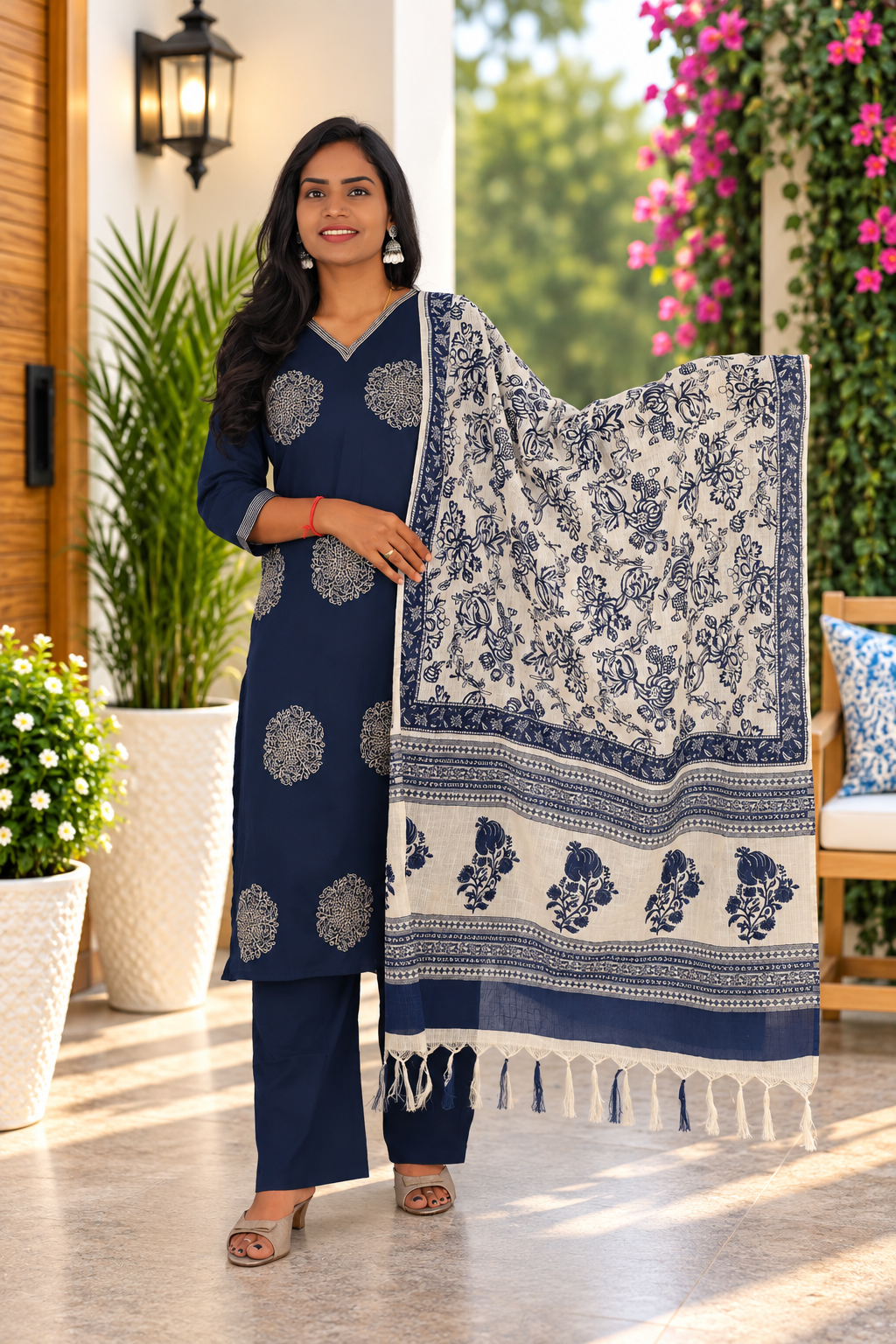 Blue Color Jaipur Cotton Embrioded 3 Piece Set With Lining