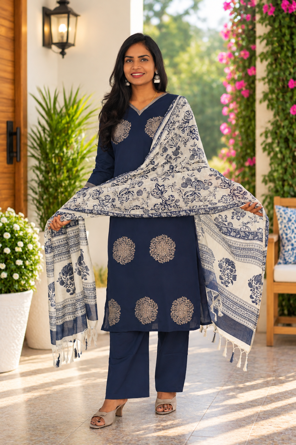Blue Color Jaipur Cotton Embrioded 3 Piece Set With Lining