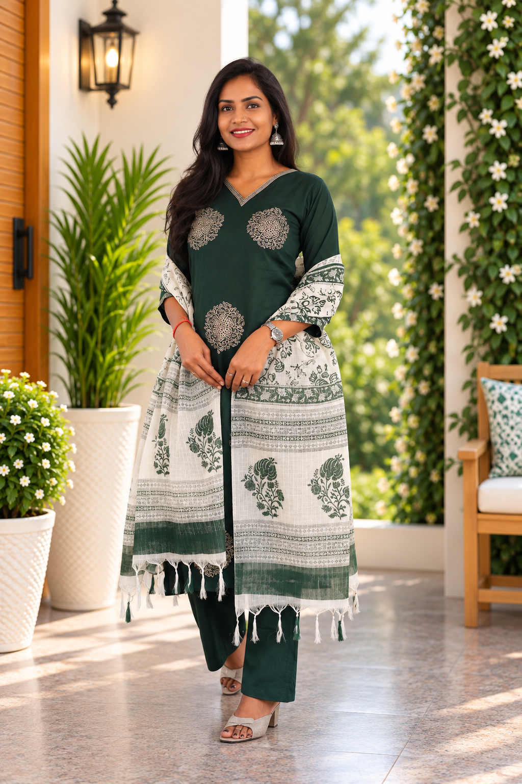 Dark Forest Green Jaipur Cotton Embrioded 3 Piece Set With Lining