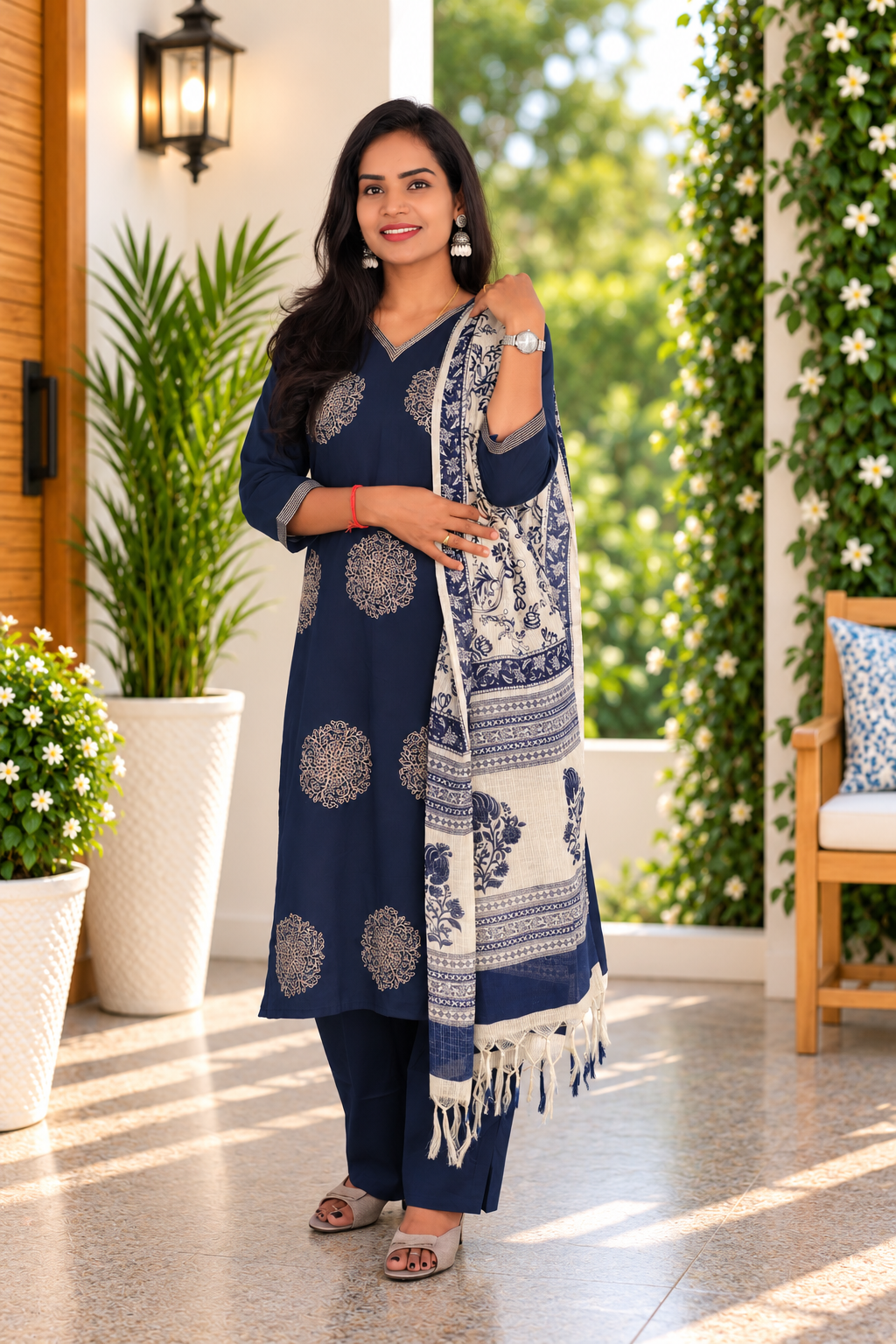 Blue Color Jaipur Cotton Embrioded 3 Piece Set With Lining