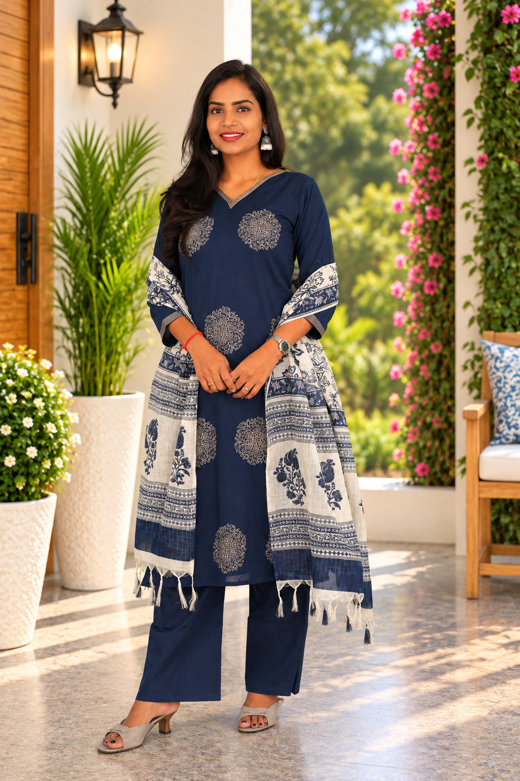 Blue Color Jaipur Cotton Embrioded 3 Piece Set With Lining