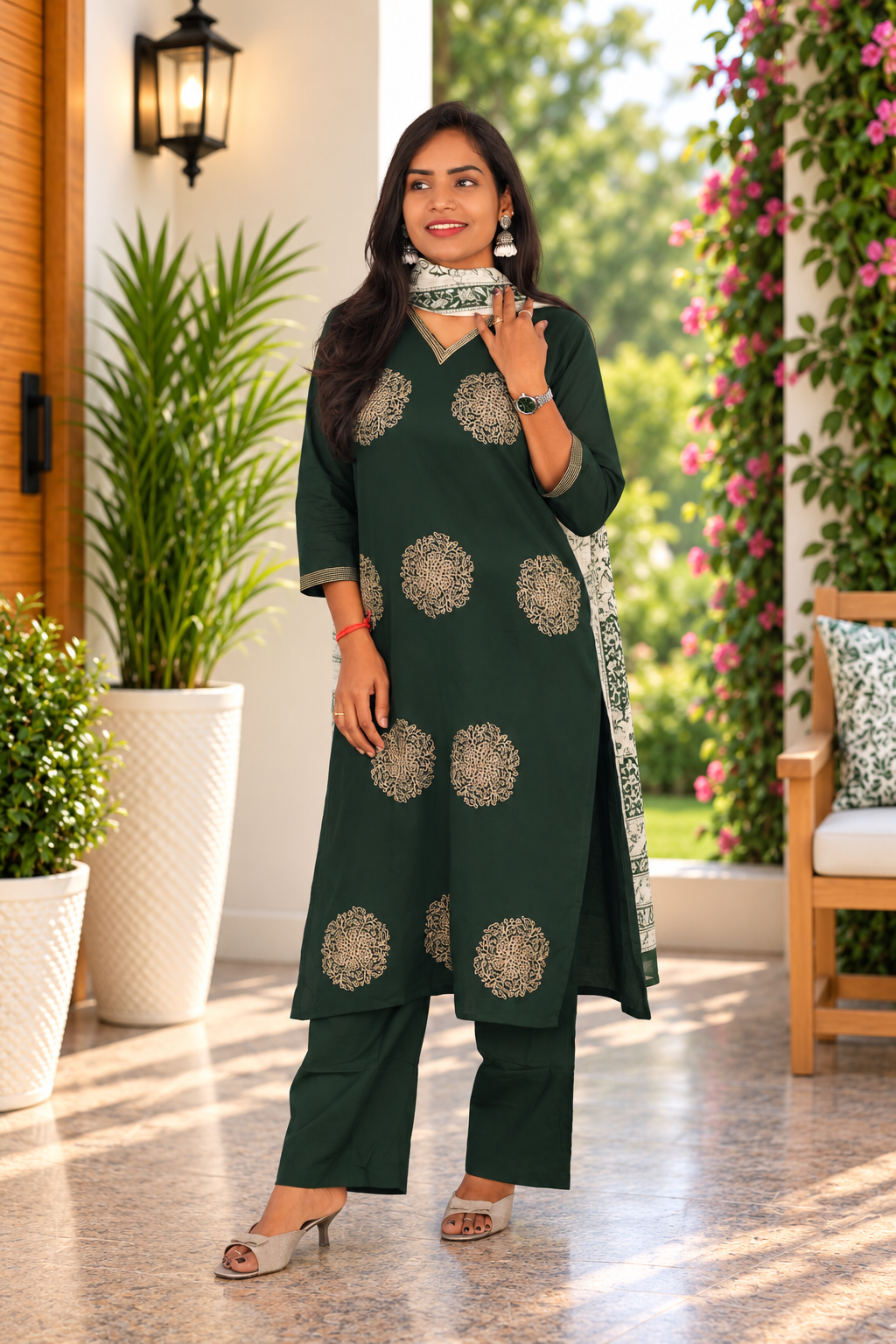 Dark Forest Green Jaipur Cotton Embrioded 3 Piece Set With Lining