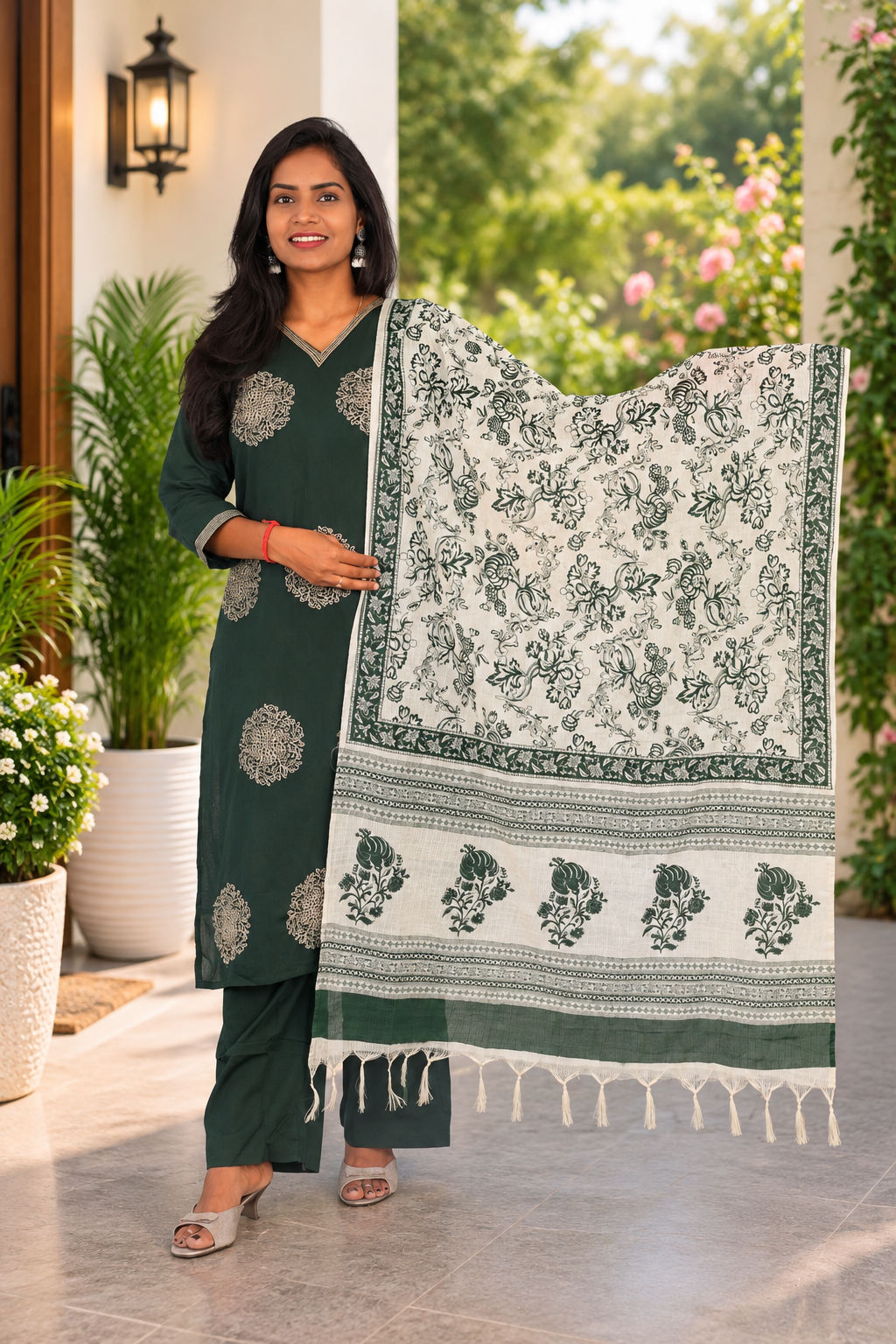 Dark Forest Green Jaipur Cotton Embrioded 3 Piece Set With Lining