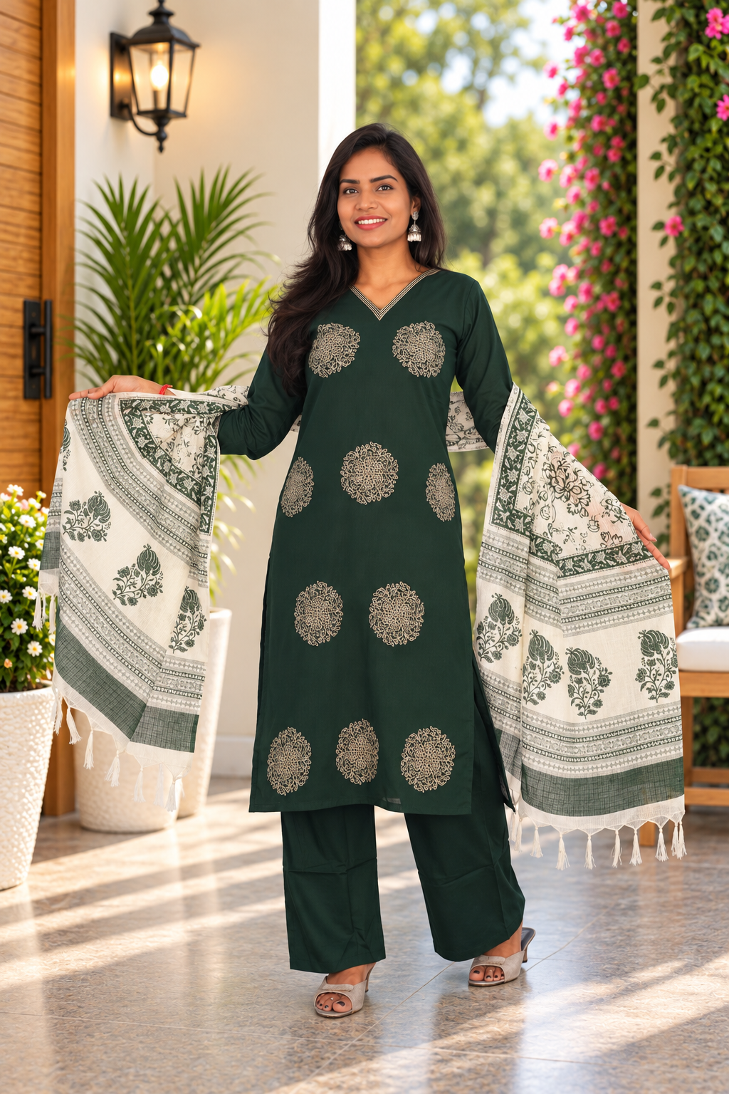 Dark Forest Green Jaipur Cotton Embrioded 3 Piece Set With Lining