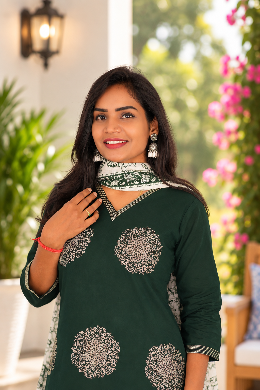 Dark Forest Green Jaipur Cotton Embrioded 3 Piece Set With Lining