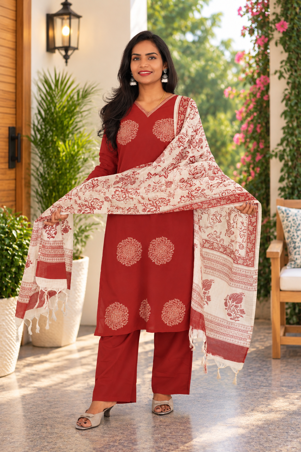 Wine Red Color Jaipur Cotton Embrioded 3 Piece Set With Lining