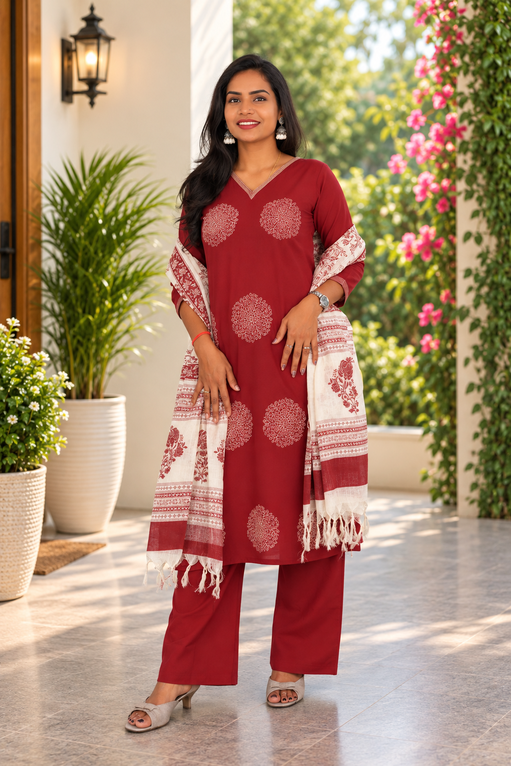 Wine Red Color Jaipur Cotton Embrioded 3 Piece Set With Lining