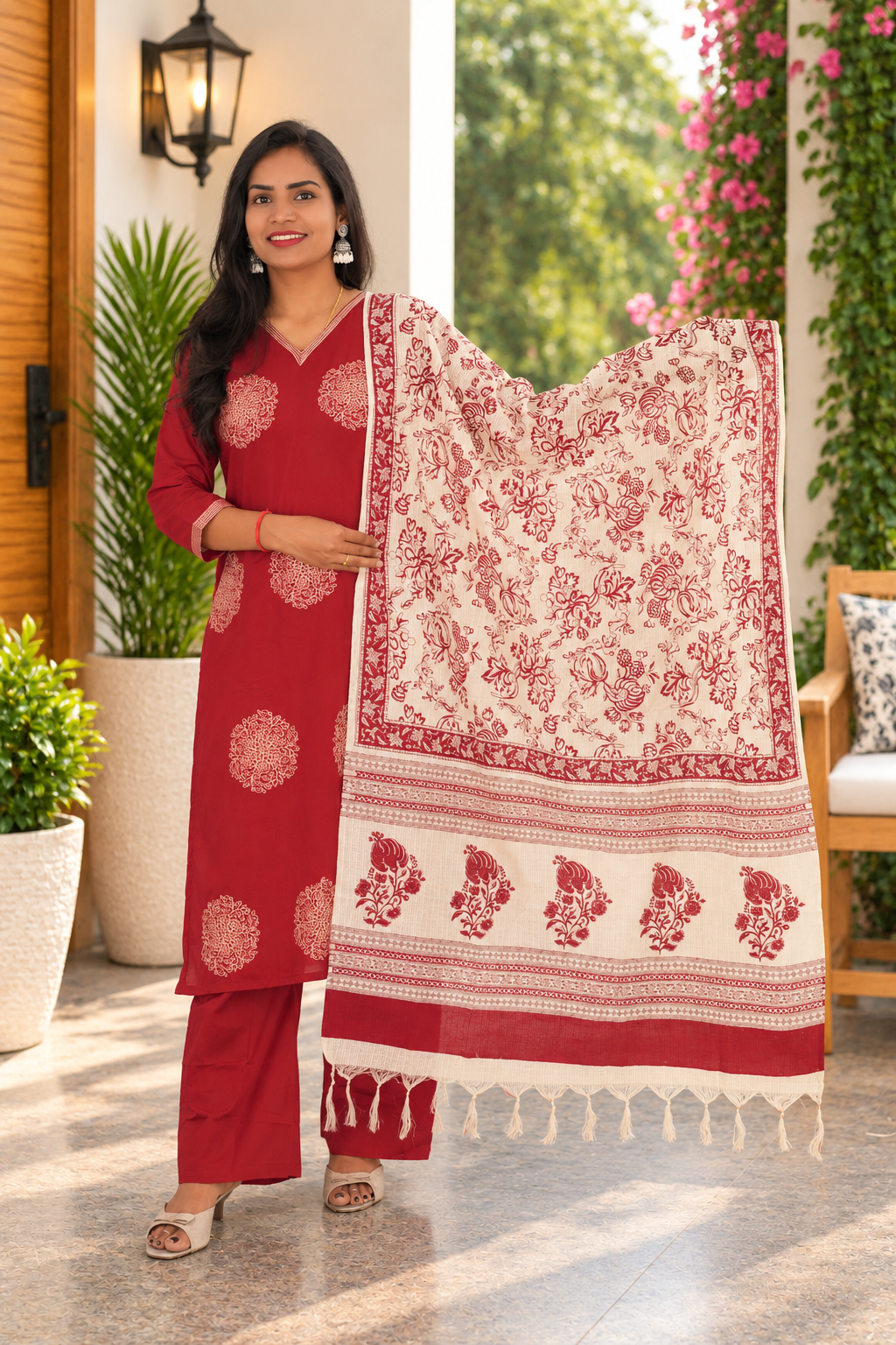 Wine Red Color Jaipur Cotton Embrioded 3 Piece Set With Lining
