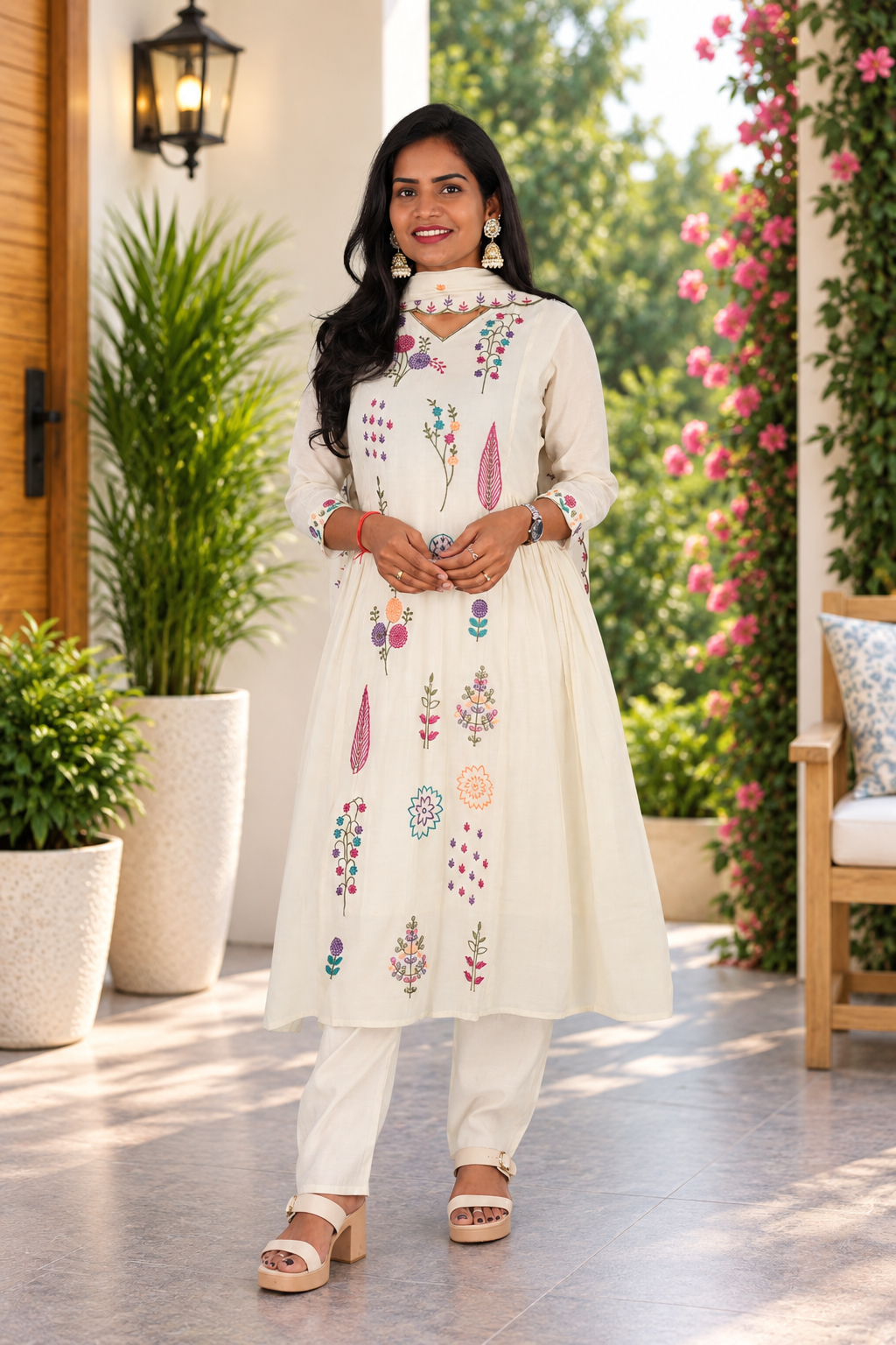 Ivory Cream Mul Chanderi Embroidered 3-Piece Set with Lining