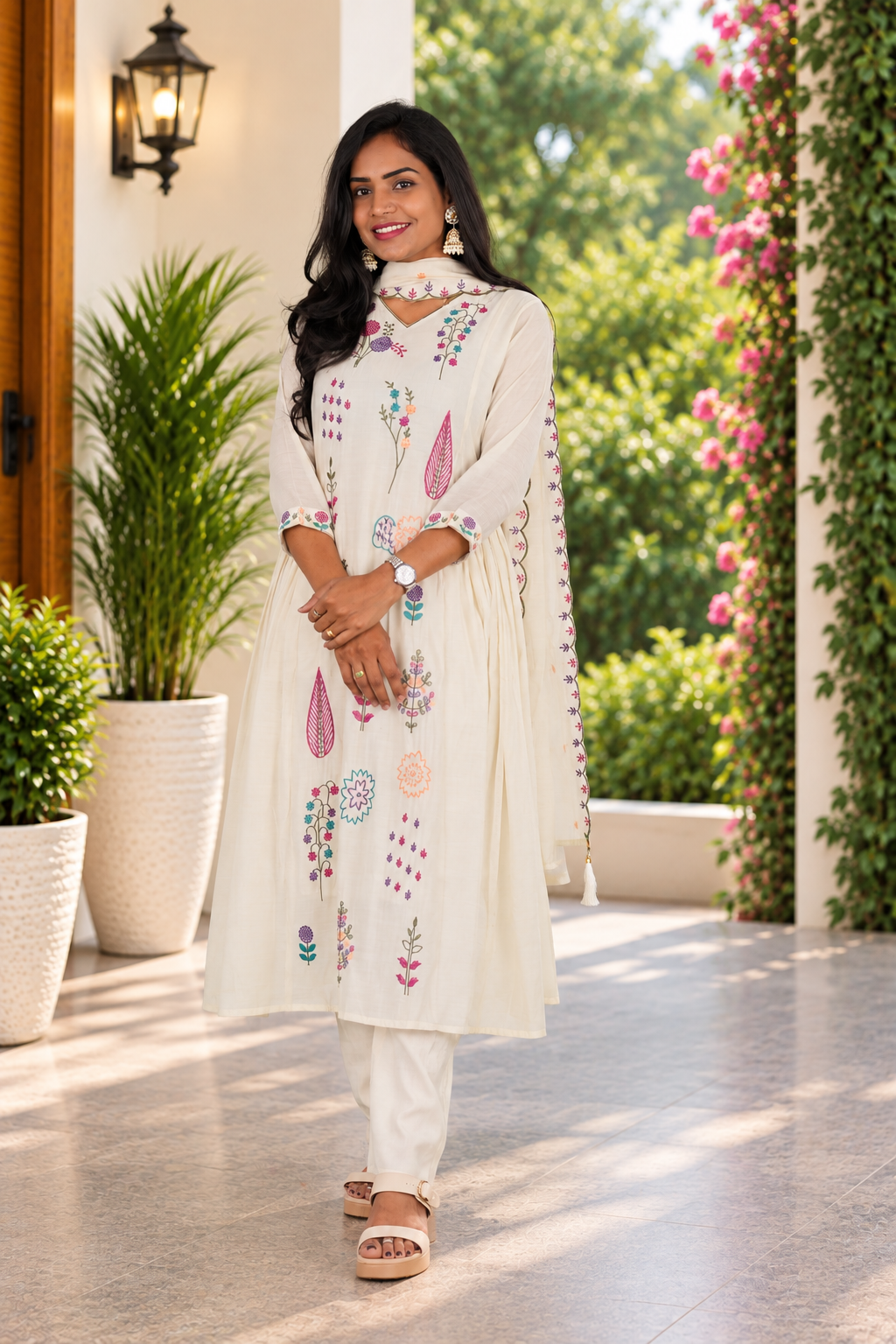 Ivory Cream Mul Chanderi Embroidered 3-Piece Set with Lining