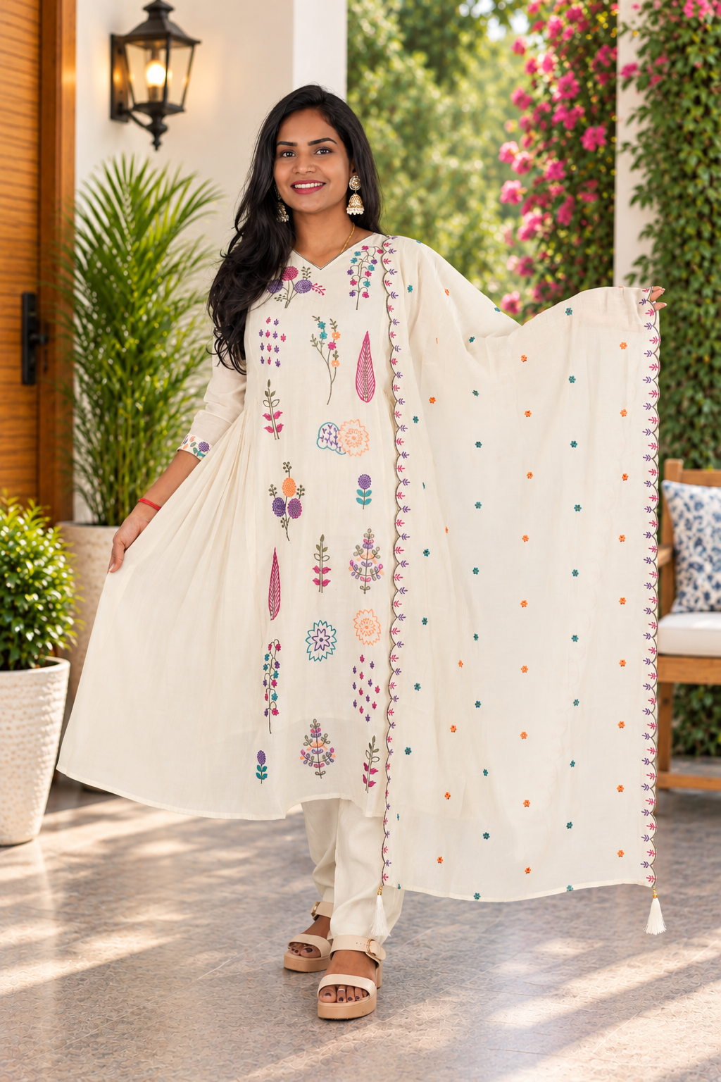 Ivory Cream Mul Chanderi Embroidered 3-Piece Set with Lining