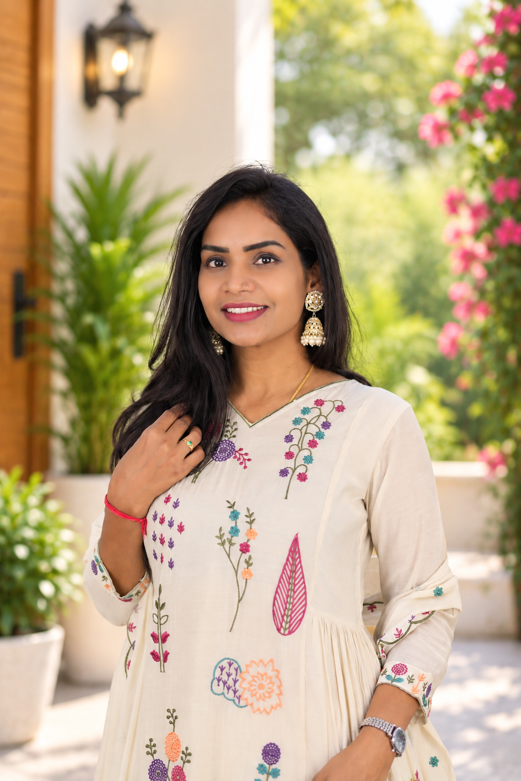 Ivory Cream Mul Chanderi Embroidered 3-Piece Set with Lining