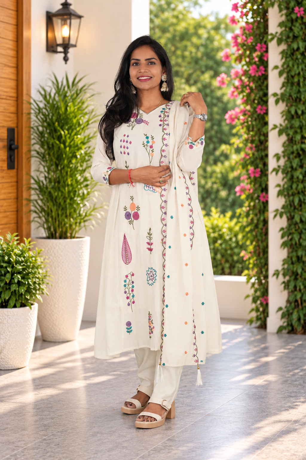 Ivory Cream Mul Chanderi Embroidered 3-Piece Set with Lining