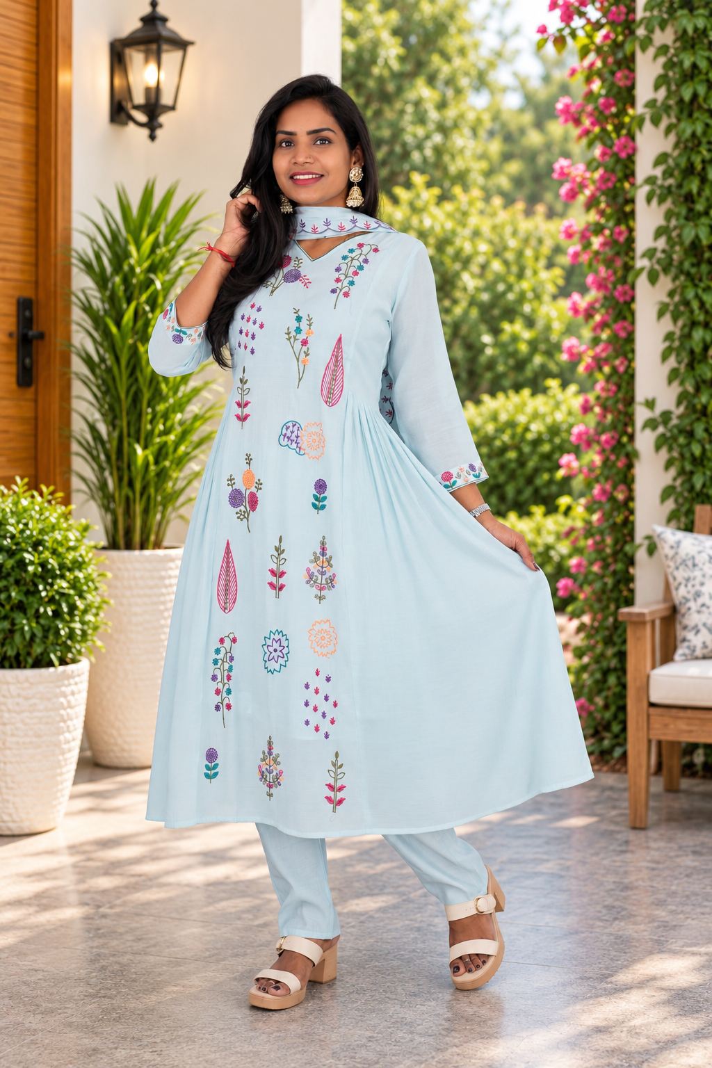 Ice Blue Mul Chanderi Embroidered 3-Piece Set with Lining