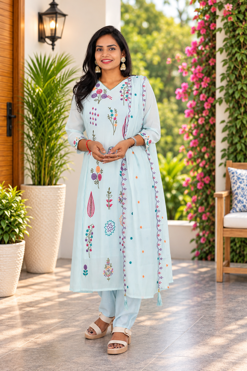 Ice Blue Mul Chanderi Embroidered 3-Piece Set with Lining