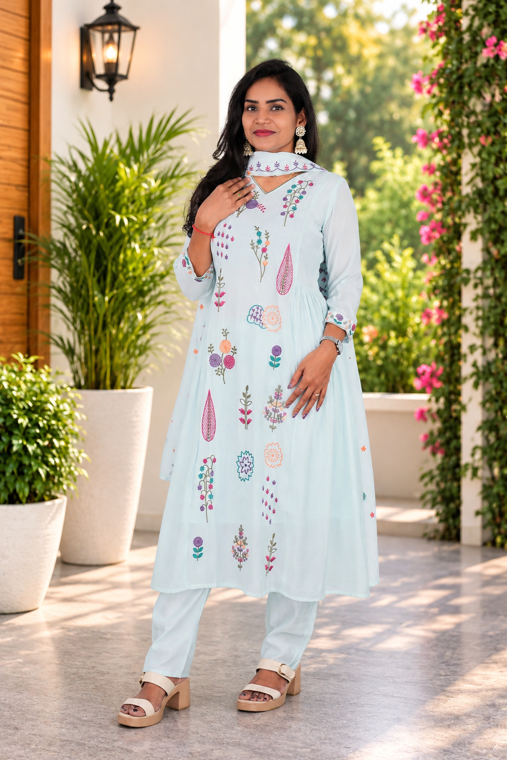 Ice Blue Mul Chanderi Embroidered 3-Piece Set with Lining