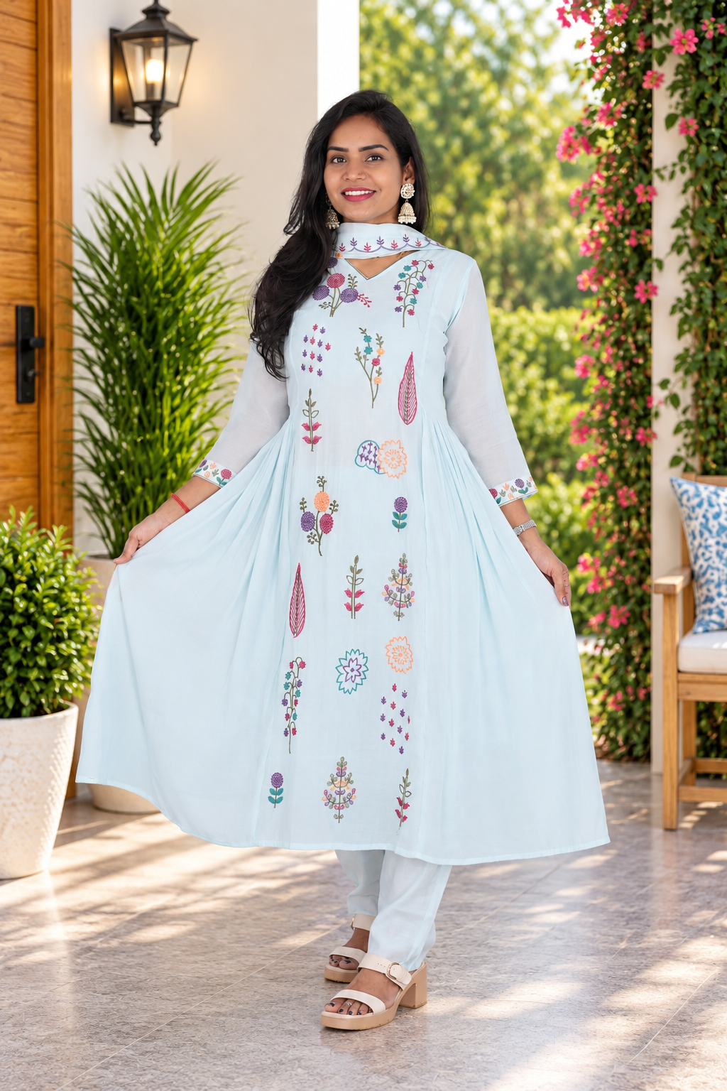 Ice Blue Mul Chanderi Embroidered 3-Piece Set with Lining