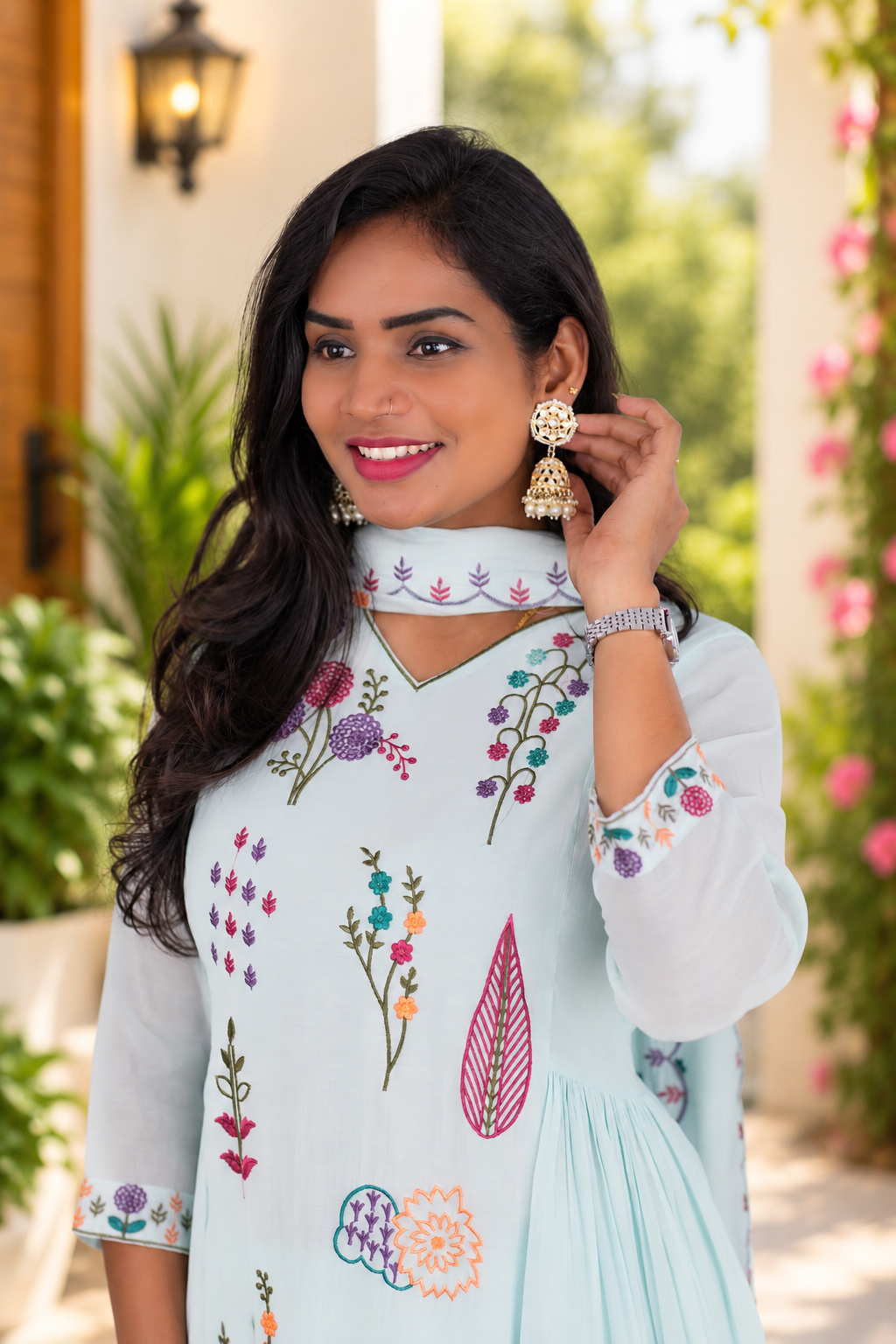 Ice Blue Mul Chanderi Embroidered 3-Piece Set with Lining