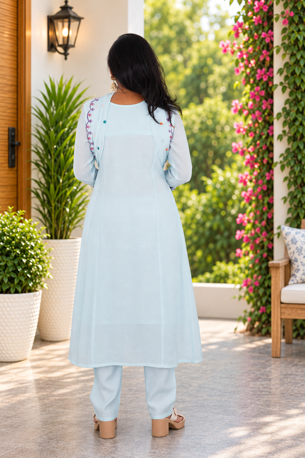 Ice Blue Mul Chanderi Embroidered 3-Piece Set with Lining