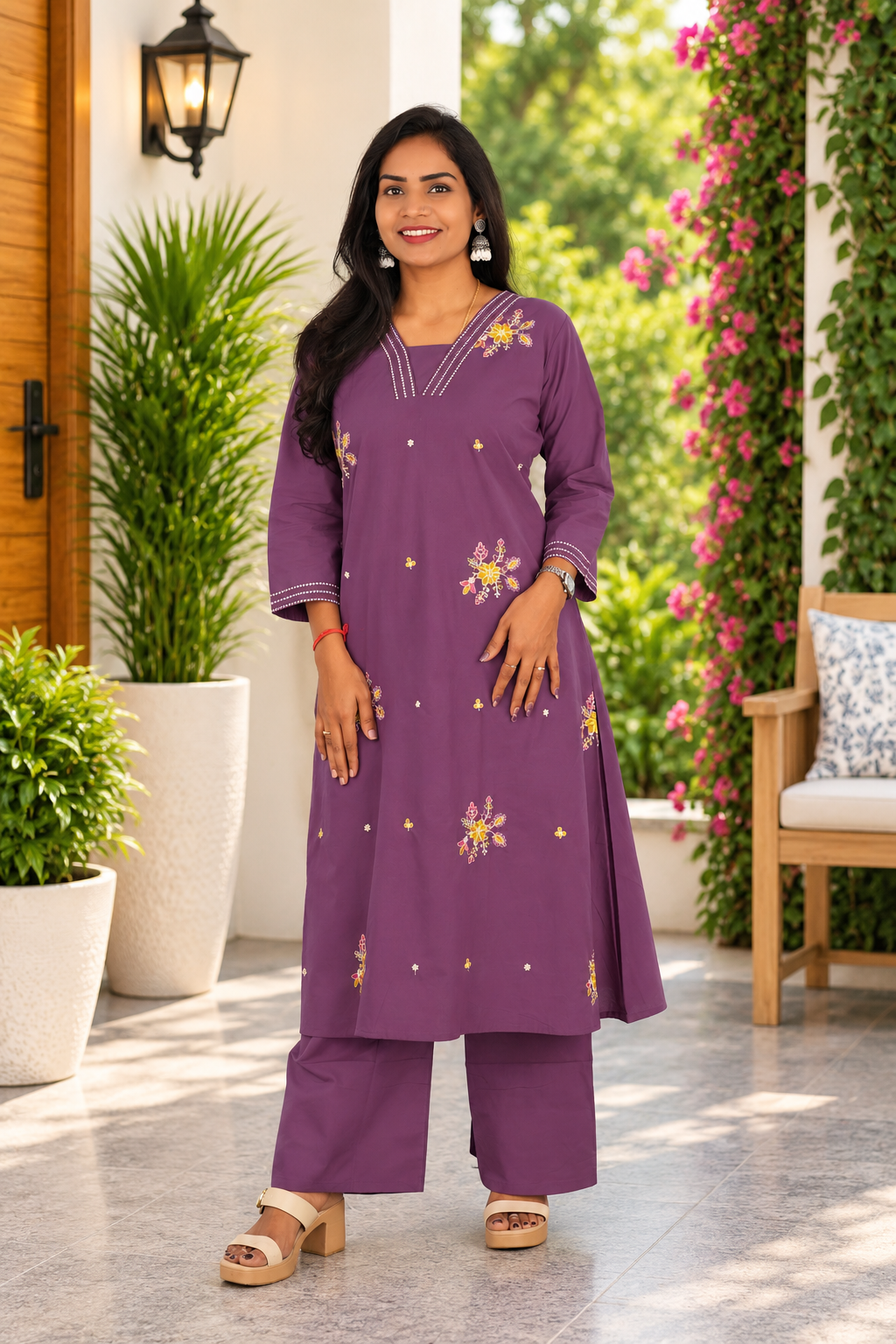 Plum Purple Jaipur Cotton Cord Set With Embroidery Work