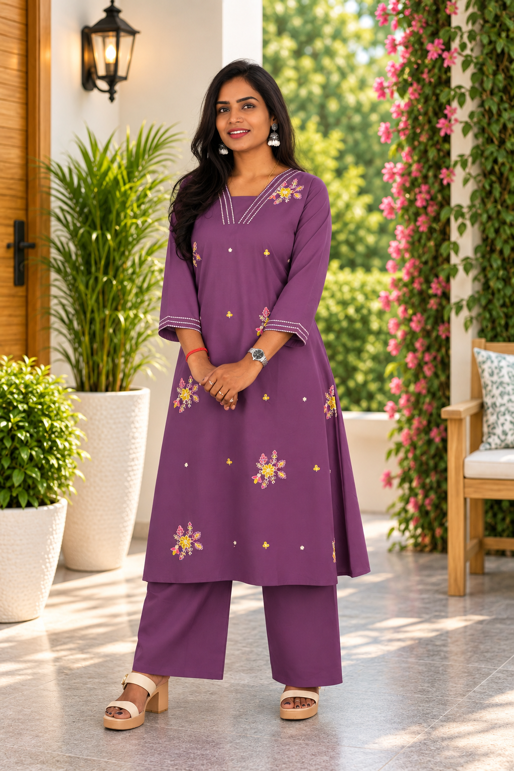 Plum Purple Jaipur Cotton Cord Set With Embroidery Work